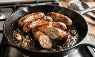 Chefs de cozinha afirmam: “Se você quer uma linguiça dourada por fora e bem cozida por dentro, não comece com o fogo alto demais, pois isso pode queimar a casquinha antes de cozinhar o interior”