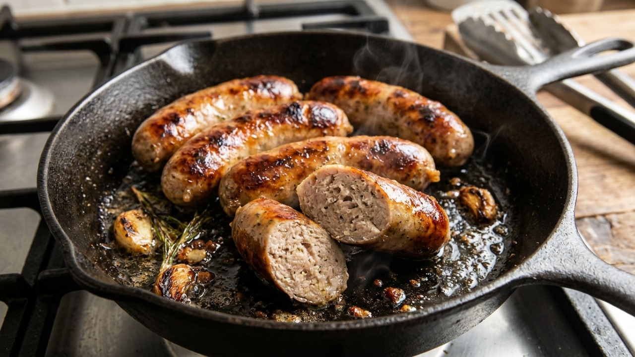 Chefs de cozinha afirmam: “Se você quer uma linguiça dourada por fora e bem cozida por dentro, não comece com o fogo alto demais, pois isso pode queimar a casquinha antes de cozinhar o interior”