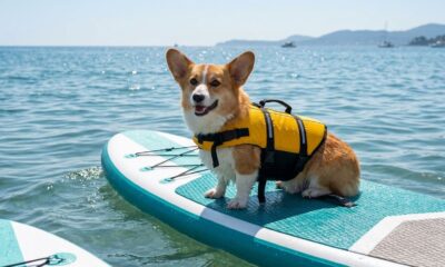 Corgi encontra o lugar perfeito para observar golfinhos saltando no mar e transforma o espetáculo em seu momento favorito do dia
