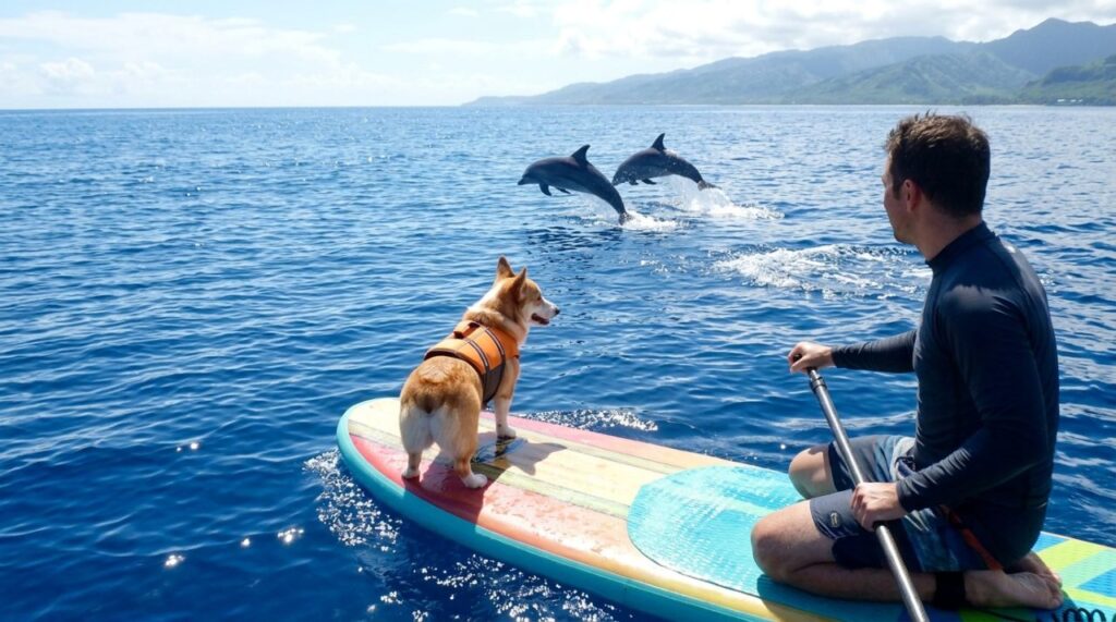 Corgi encontra o lugar perfeito para observar golfinhos saltando no mar e transforma o espetáculo em seu momento favorito do dia