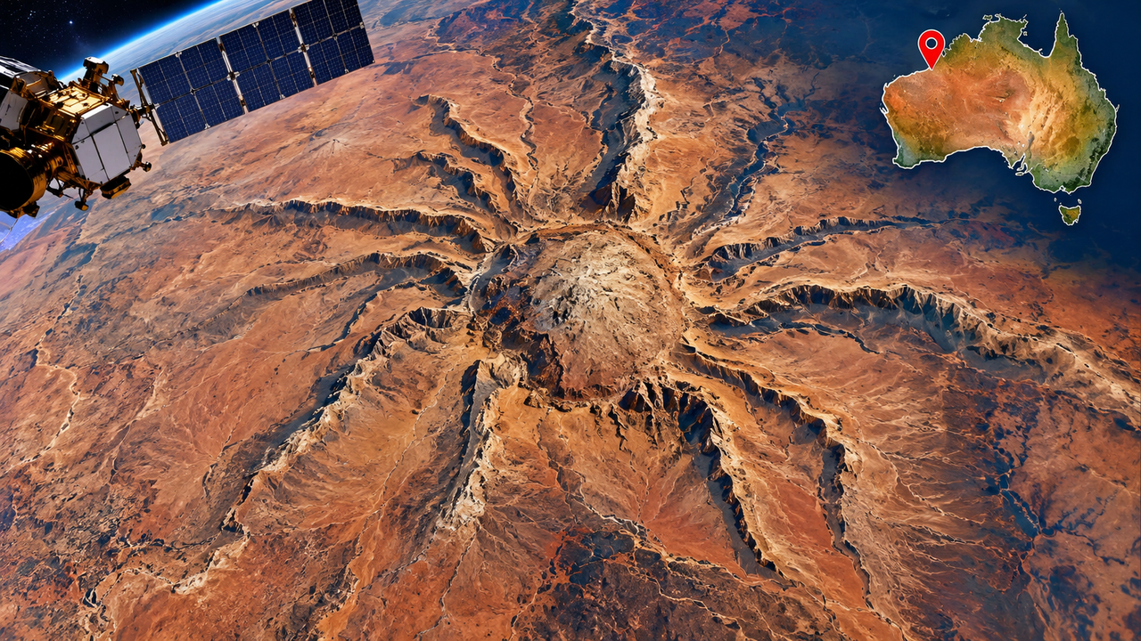 Imagem da NASA mostra uma enorme estrutura em forma de aranha na Austrália, com um centro de 4 quilômetros e gigantescas ramificações esculpidas pela erosão ao longo de milhões de anos
