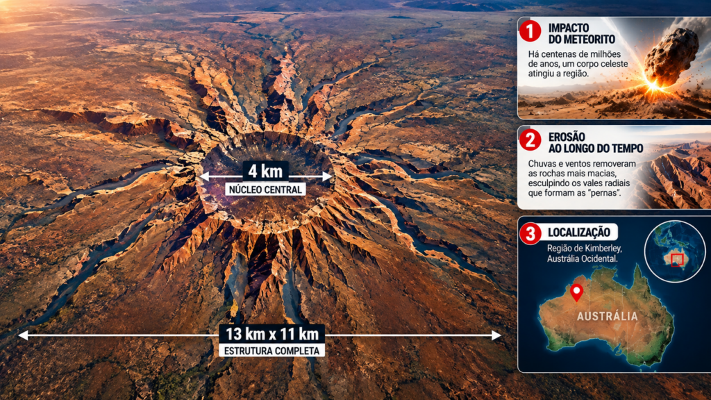 Imagem da NASA mostra uma enorme estrutura em forma de aranha na Austrália, com um centro de 4 quilômetros e gigantescas ramificações esculpidas pela erosão ao longo de milhões de anos