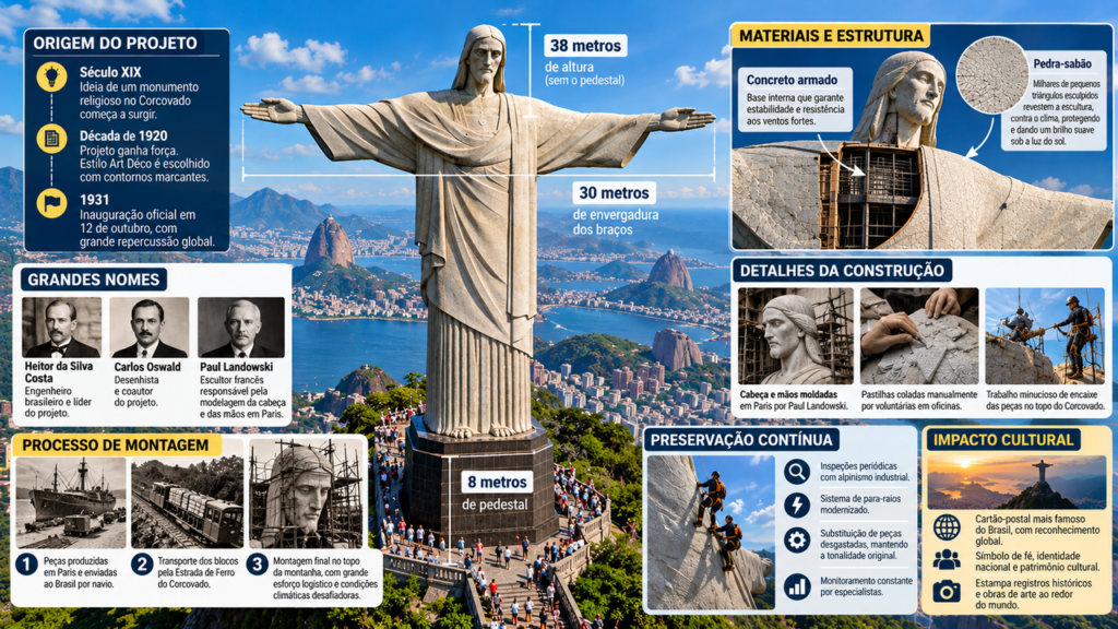 Construído entre 1926 e 1931, o Cristo Redentor atravessou quase 100 anos de história, resistiu a décadas de mudanças na paisagem do Rio de Janeiro, enfrentou diferentes restaurações e continua no alto do Corcovado como um dos maiores símbolos do Brasil reconhecidos no mundo inteiro