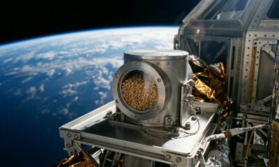 Recipiente experimental com sementes de tomate fixado a uma plataforma espacial em órbita, com a curvatura azul da Terra ao fundo. - Imagem ilustrativa criada por inteligência artificial