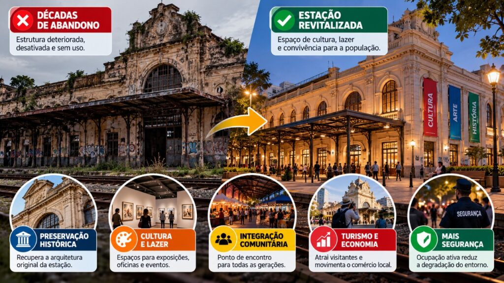 Após 40 anos abandonada, antiga estação ferroviária que marcou a história da cidade pode ganhar uma nova vida com espaços culturais, áreas de convivência e um projeto de revitalização que promete recuperar sua importância