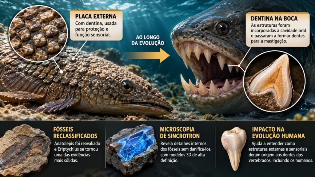 Fósseis de 450 milhões de anos escondiam um detalhe que passou despercebido por décadas: cientistas usaram tecnologia avançada para reconstruir a origem dos dentes e reavaliar antigas teorias sobre a evolução dos vertebrados