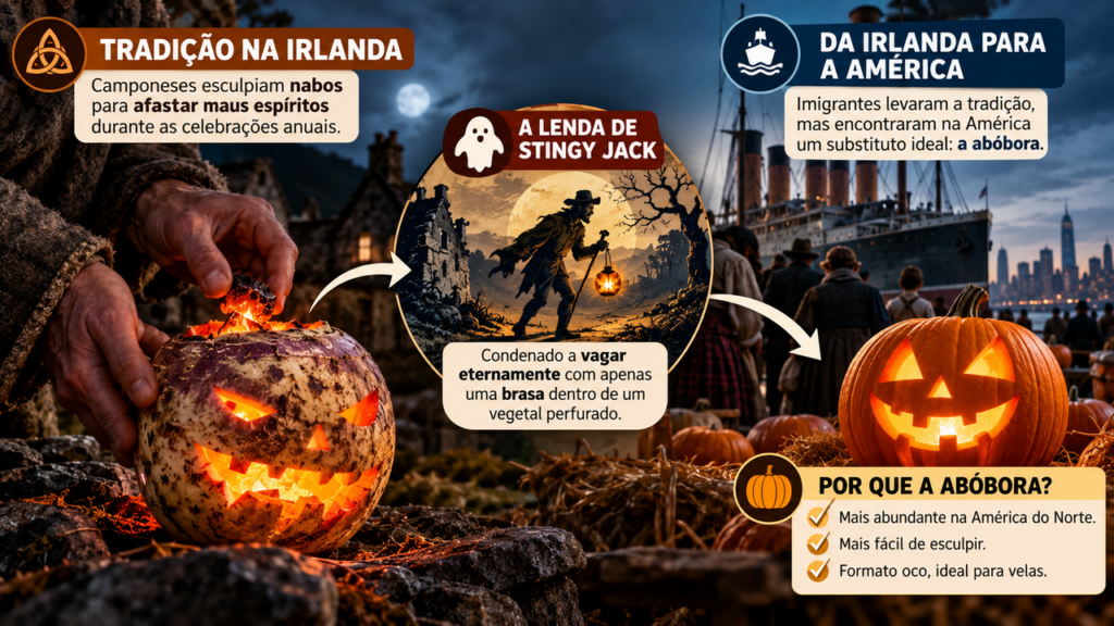 Antes das abóboras iluminadas do Halloween, os irlandeses esculpiam nabos com rostos assustadores para afastar espíritos, e uma antiga lenda explica como essa tradição atravessou o oceano e conquistou o mundo