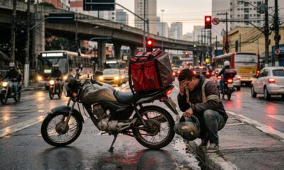 Motoboy compra uma moto usada por R$16 mil, financia ela em 48 vezes com parcelas de R$540 e no segundo mês o câmbio trava no semáforo; o conserto de R$3.400 supera dois meses de trabalho e ele precisa escolher entre pagar a oficina ou a parcela do veículo