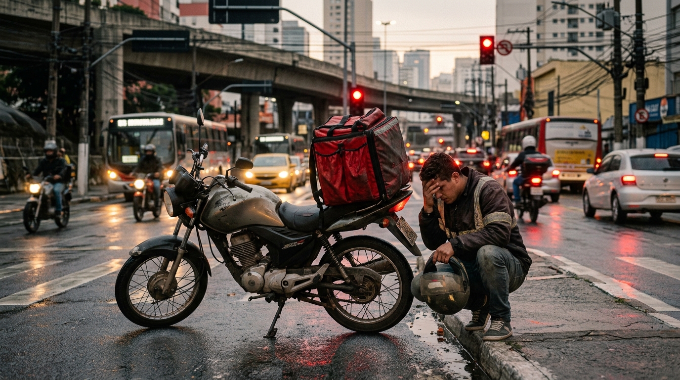 Motoboy compra uma moto usada por R$16 mil, financia ela em 48 vezes com parcelas de R$540 e no segundo mês o câmbio trava no semáforo; o conserto de R$3.400 supera dois meses de trabalho e ele precisa escolher entre pagar a oficina ou a parcela do veículo
