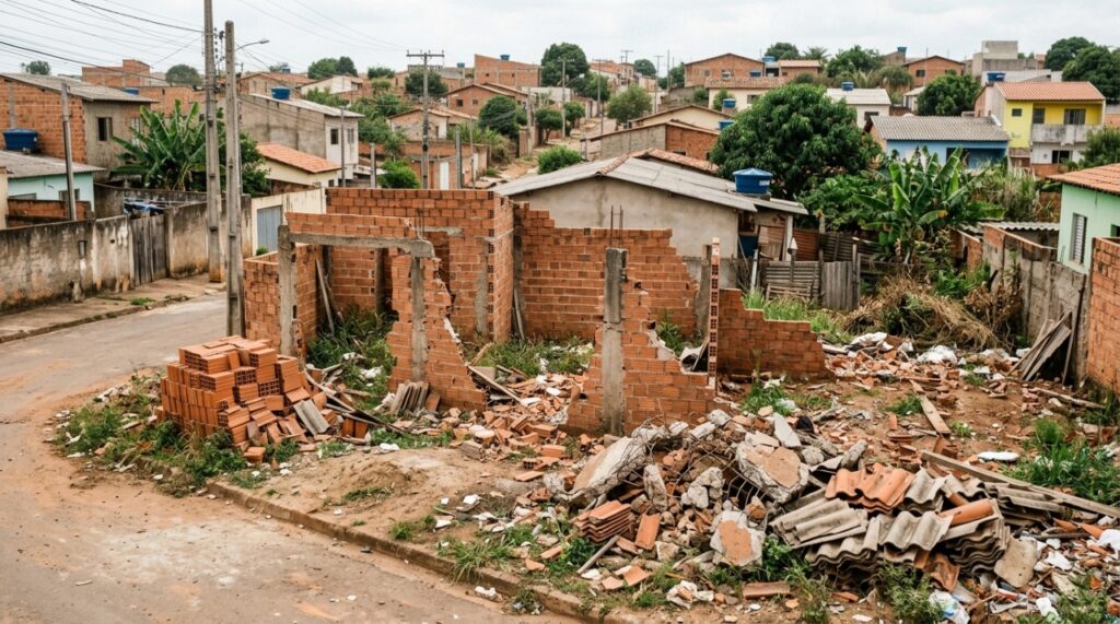 Casa de alvenaria inacabada e parcialmente demolida, com paredes destruídas e entulhos espalhados em terreno de bairro residencial. - Imagem ilustrativa criada por inteligência artificial