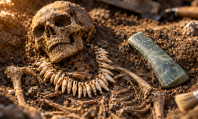Arqueólogos abrem sepultamento de quase 5 mil anos e encontram um colar com 42 dentes de animais e um machado raro