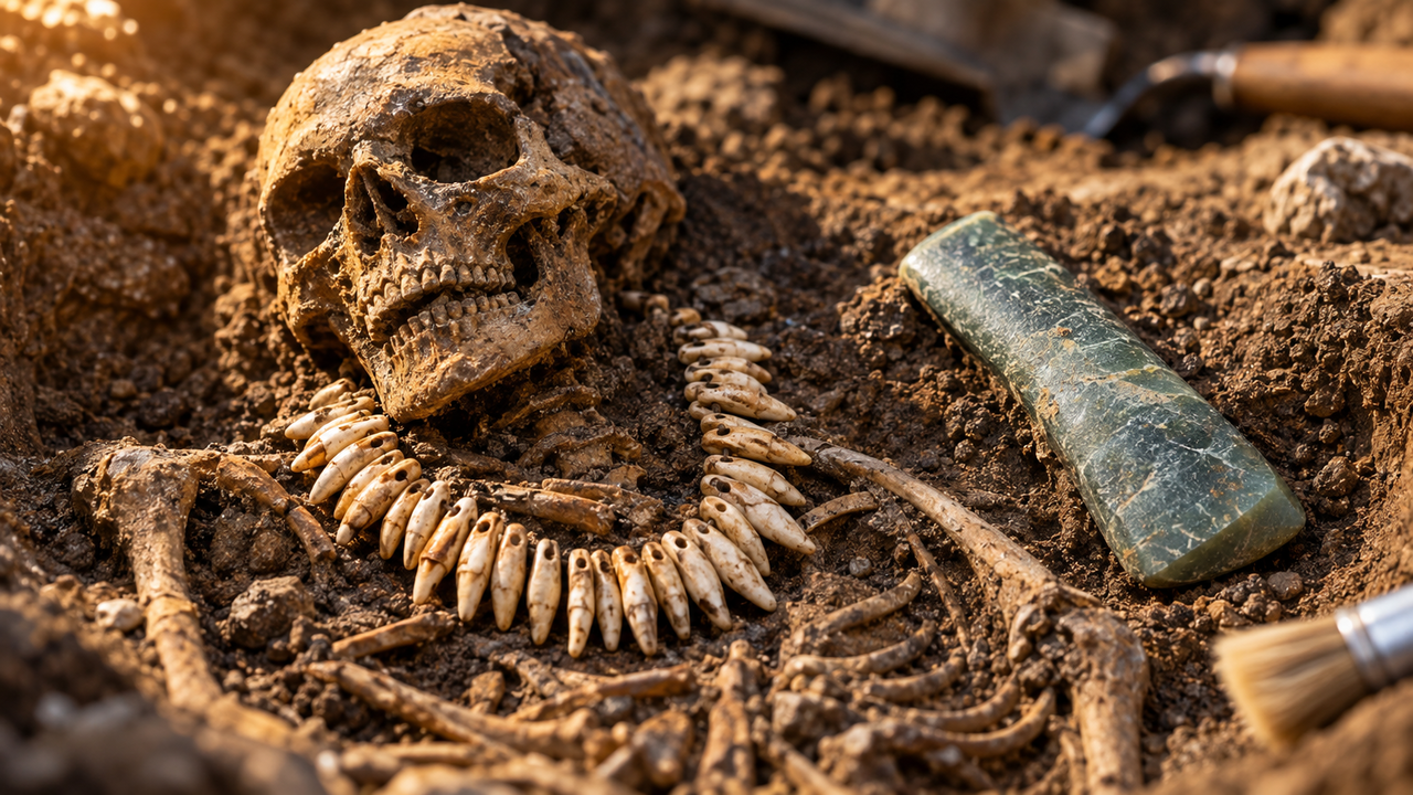 Arqueólogos abrem sepultamento de quase 5 mil anos e encontram um colar com 42 dentes de animais e um machado raro