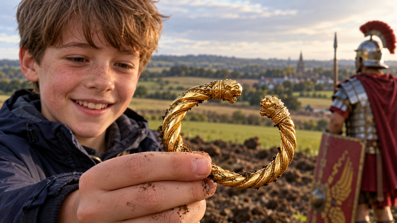 Garoto de 12 anos caminhava por uma trilha na Europa quando encontrou um bracelete de ouro de 1.800 anos escondido sob a terra
