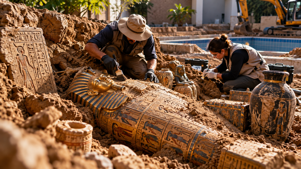 Morador cavava o quintal para instalar uma piscina quando encontrou um conjunto de artefatos egípcios preservados sob a terra e revelou uma descoberta arqueológica extraordinária
