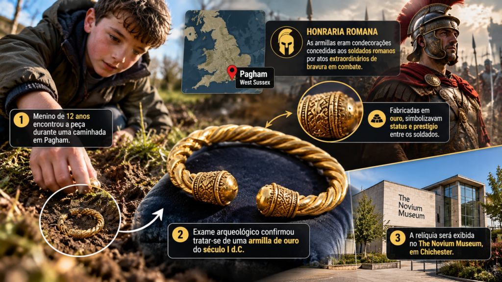 Garoto de 12 anos caminhava por uma trilha na Europa quando encontrou um bracelete de ouro de 1.800 anos escondido sob a terra
