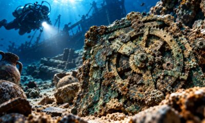 O mecanismo de Anticítera, encontrado em um antigo naufrágio grego, utilizava engrenagens para acompanhar ciclos astronômicos há mais de dois mil anos