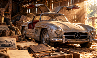 Família reformava uma antiga propriedade rural quando descobriu um Mercedes-Benz 300 SL Gullwing guardado em um celeiro lacrado, preservado por décadas e cercado por pistas sobre o passado de seu antigo proprietário