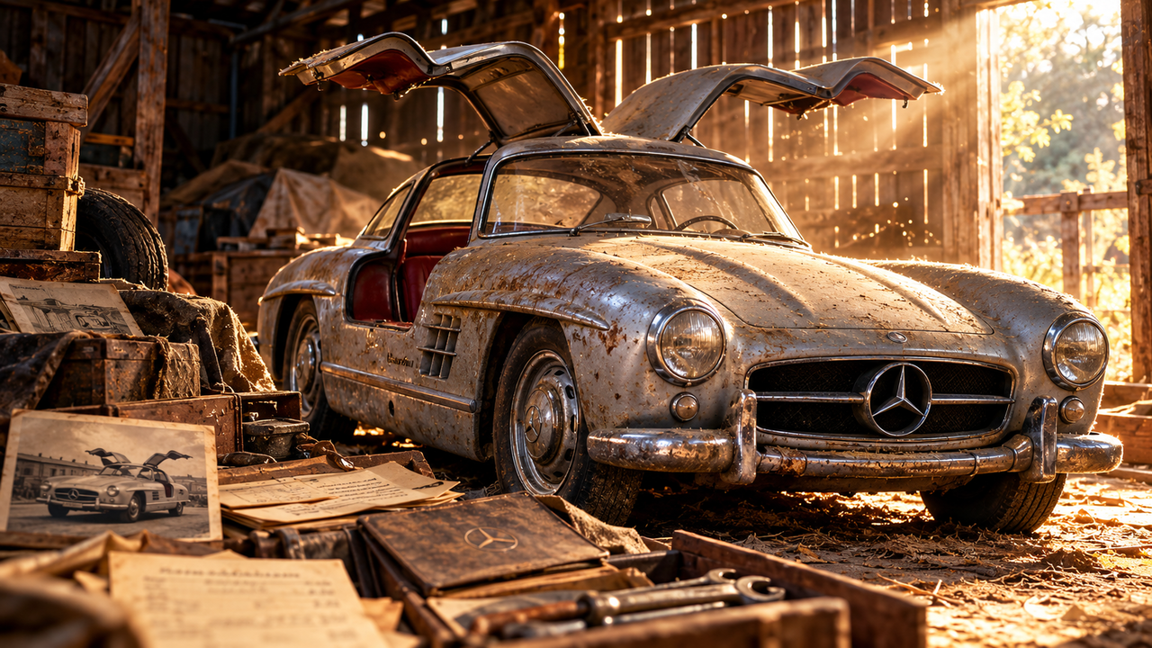 Família reformava uma antiga propriedade rural quando descobriu um Mercedes-Benz 300 SL Gullwing guardado em um celeiro lacrado, preservado por décadas e cercado por pistas sobre o passado de seu antigo proprietário