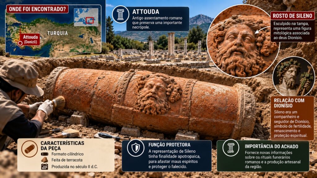 Arqueólogos encontram sarcófago romano de quase 2.000 anos na Turquia com rosto de Sileno esculpido na tampa e uma característica que chama a atenção dos pesquisadores