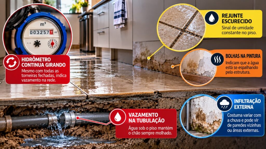 Encanador explica como descobrir de onde vem a água que aparece no piso da cozinha usando sinais que passam despercebidos pelos moradores sem precisar quebrar toda a cerâmica da casa