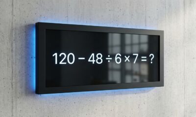 Painel digital preto com a expressão matemática 120 − 48 ÷ 6 × 7 = ? em números brancos, apresentando um desafio de cálculo mental. - Imagem ilustrativa criada por inteligência artificial