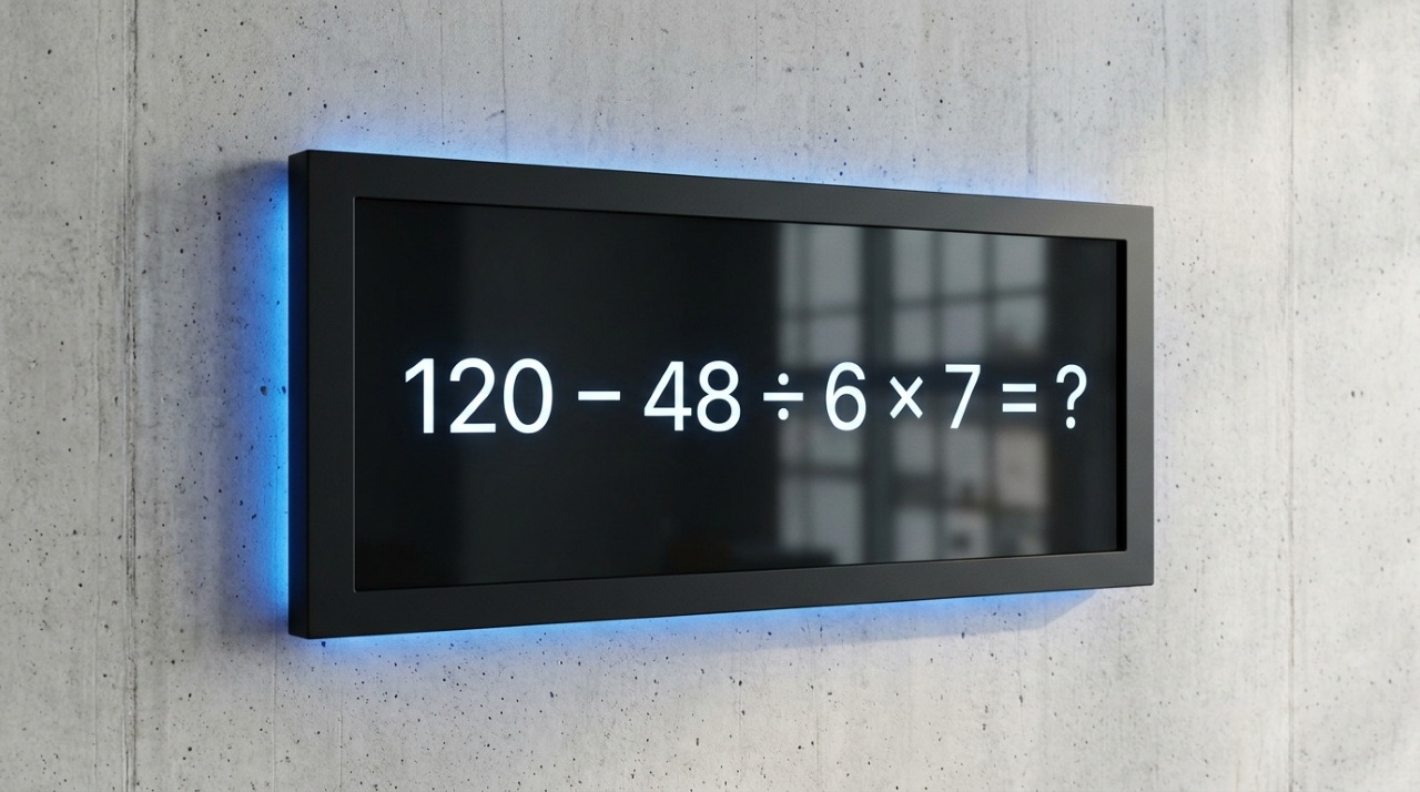 Painel digital preto com a expressão matemática 120 − 48 ÷ 6 × 7 = ? em números brancos, apresentando um desafio de cálculo mental. - Imagem ilustrativa criada por inteligência artificial
