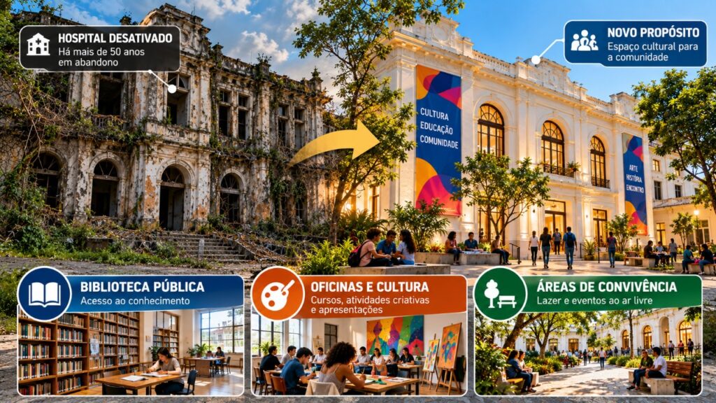 Abandonado há décadas, antigo hospital que atendeu milhares de moradores pode ser restaurado e transformado em um complexo com biblioteca, espaços culturais, áreas de convivência e ambientes destinados a atividades comunitárias