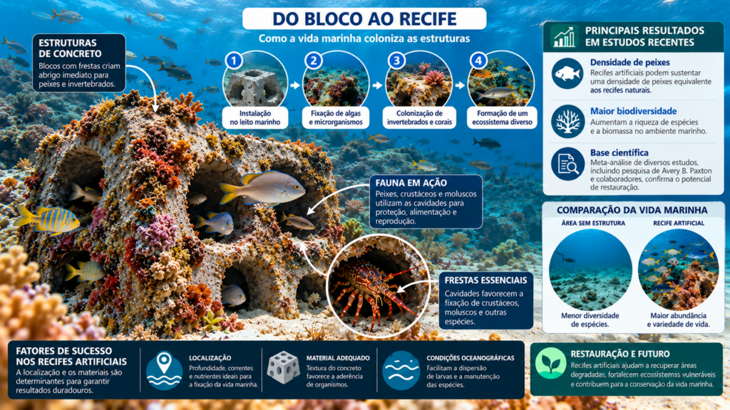 Em 1990, estruturas de concreto foram instaladas no fundo do mar para recuperar áreas degradadas e, décadas depois, cientistas encontraram nelas um habitat que atraiu peixes, crustáceos e outras formas de vidaO uso planejado de estruturas submarinas auxilia na restauração da biodiversidade e no fortalecimento dos ecossistemas oceanicos.
- Imagem ilustrativa criada por inteligência artificial.