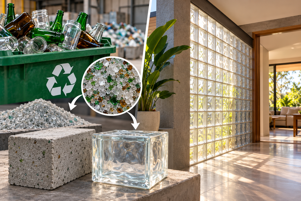 Transformar vidro reciclado em blocos para paredes: como esse material pode aproveitar a passagem de luz e quais diferenças existem em relação à alvenaria convencional