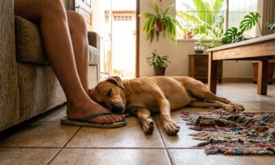 Veterinário explica: o cachorro que deita encostado nos pés do tutor pode não estar apenas com frio, mas mostrando que escolheu aquela pessoa como sua base de segurança