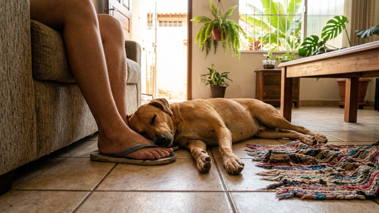 Veterinário explica: o cachorro que deita encostado nos pés do tutor pode não estar apenas com frio, mas mostrando que escolheu aquela pessoa como sua base de segurança