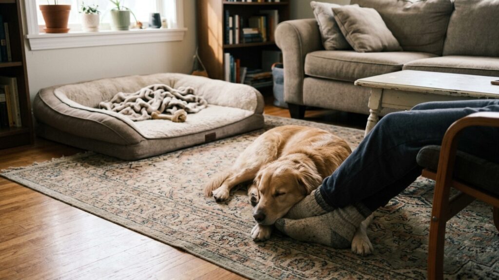 Veterinário explica: o cachorro que deita encostado nos pés do tutor pode não estar apenas com frio, mas mostrando que escolheu aquela pessoa como sua base de segurança