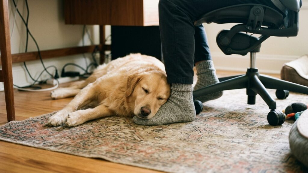 Veterinário explica: o cachorro que deita encostado nos pés do tutor pode não estar apenas com frio, mas mostrando que escolheu aquela pessoa como sua base de segurança