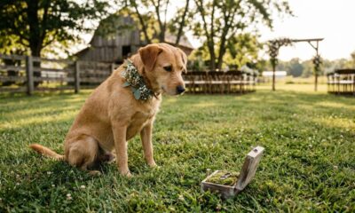 Cachorro desconhecido aparece de surpresa durante pedido de casamento, rouba a cena e acaba ganhando um convite especial dos noivos