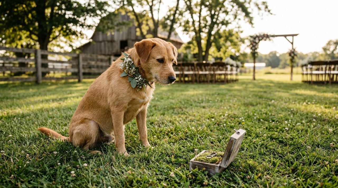 Cachorro desconhecido aparece de surpresa durante pedido de casamento, rouba a cena e acaba ganhando um convite especial dos noivos