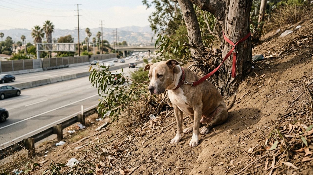 Motorista avista cachorro sozinho em aterro e fica surpreso ao descobrir por que ele não consegue sair do lugar