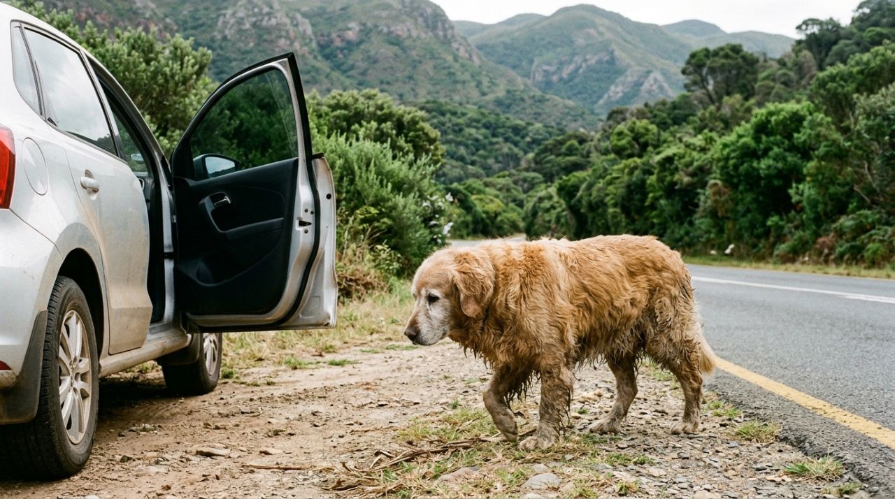 Homem viajava de carro quando avistou uma golden retriever idosa sozinha na estrada e tomou uma decisão que mudou a vida dela para sempre