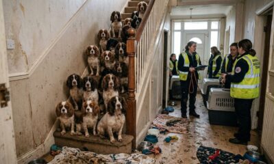 Equipes de resgate chegam para uma simples verificação de bem-estar e encontram 84 spaniels enfileirados no local, todos esperando por ajuda