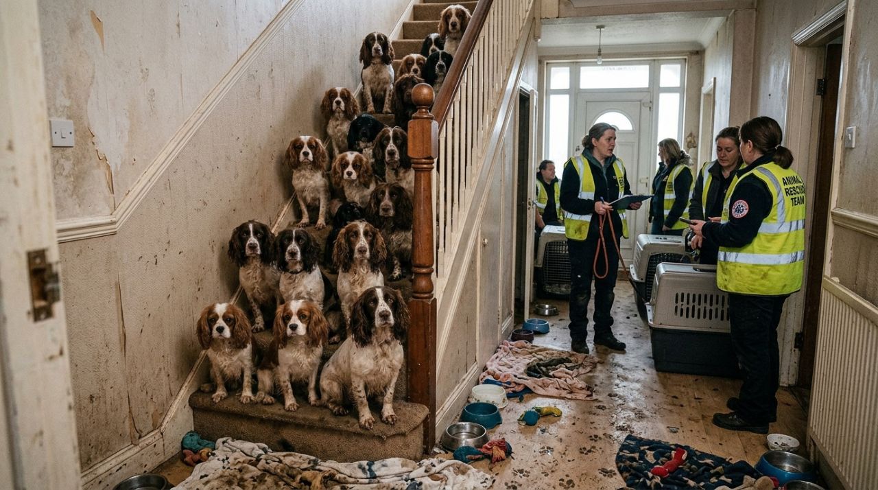 Equipes de resgate chegam para uma simples verificação de bem-estar e encontram 84 spaniels enfileirados no local, todos esperando por ajuda