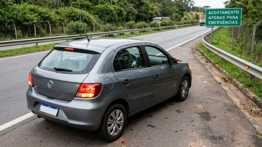 Motorista para no acostamento da rodovia só para atender uma ligação rápida, é abordado pela polícia e descobre que parar ali sem emergência é infração grave, com multa e 5 pontos
