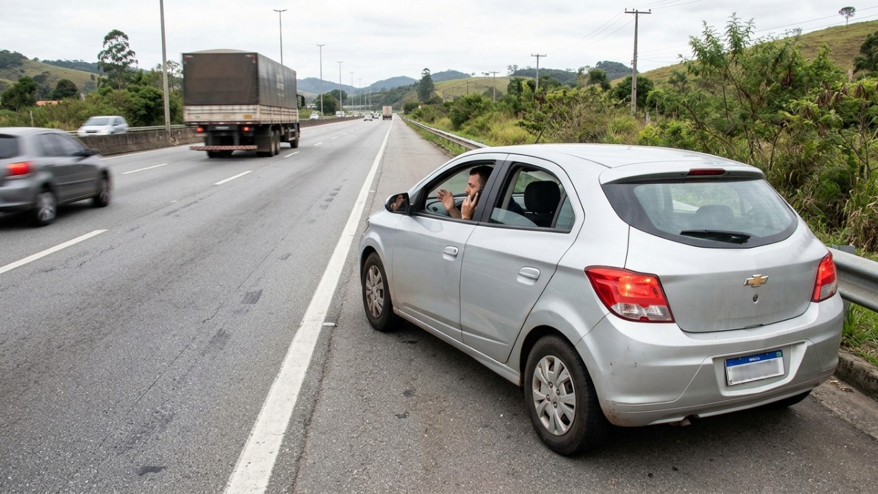 Motorista para no acostamento da rodovia só para atender uma ligação rápida, é abordado pela polícia e descobre que parar ali sem emergência é infração grave, com multa e 5 pontos