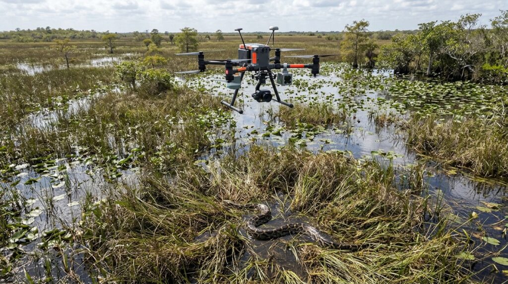 Uma píton gigante de 4,8 metros foi solta na natureza com com um dispositivo de rastreamento, cientistas esperam que seus movimentos revelem esconderijos de outras pítons que ameaçam a fauna local