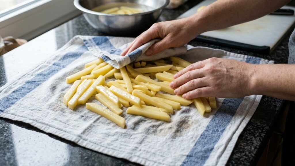 Chefs de cozinha afirmam: “Se você quer uma batata frita crocante como a do McDonald's, experimente deixar os palitos de molho em água fria e fritar em duas etapas para melhorar a textura”
