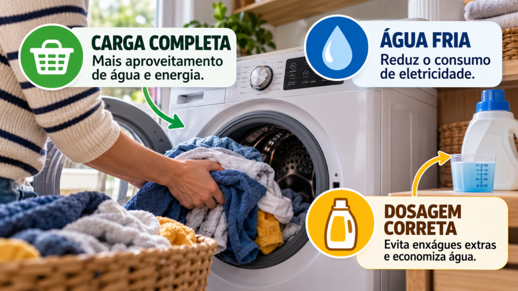 Família passa a lavar roupas com a máquina cheia em vez de fazer vários ciclos pequenos e descobre quanto esse hábito pode reduzir o consumo de água e eletricidade ao longo de um ano