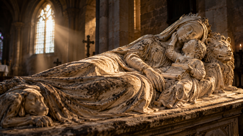 Túmulo medieval de quase mil anos guarda uma inscrição dedicada a uma mãe que perdeu o filho, e as palavras preservadas na pedra revelaram a dimensão do luto em uma comunidade da Idade Média