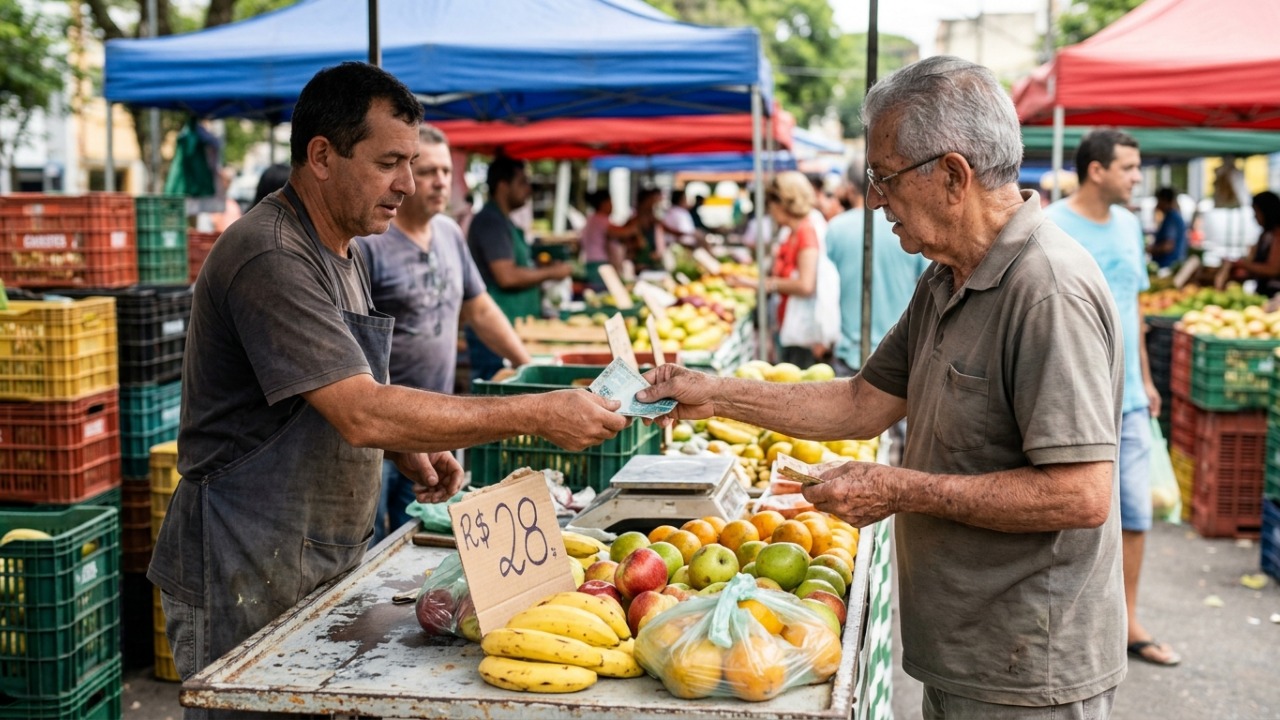 Um aposentado foi à feira com R$ 100, gastou R$ 28 em frutas e R$ 37 em verduras: quanto dinheiro sobra no bolso?