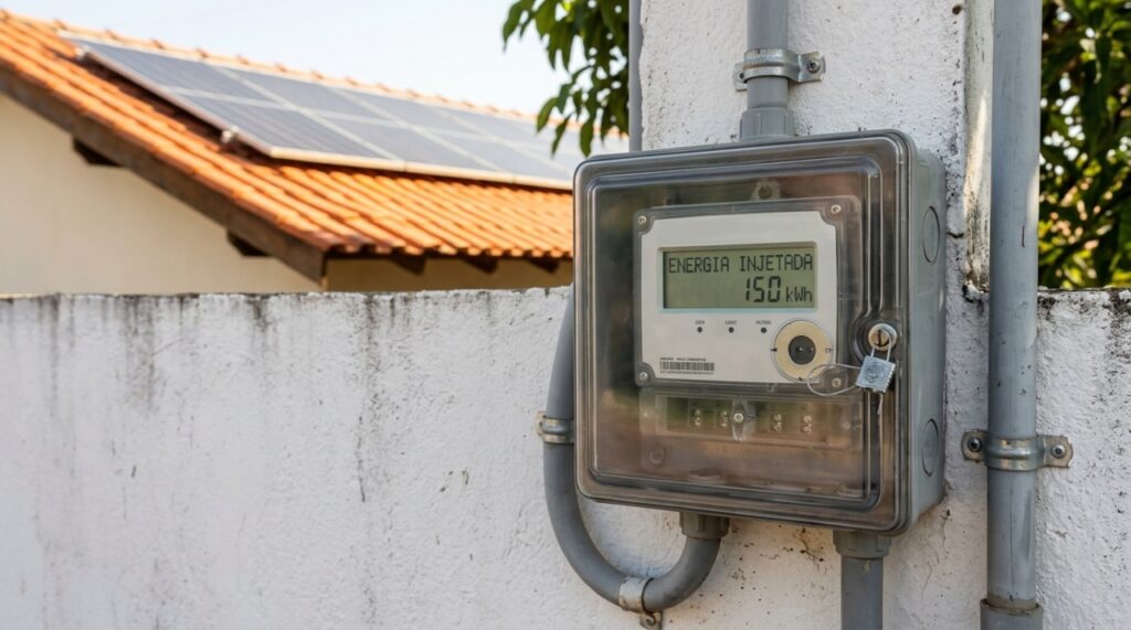 Medidor bidirecional de energia elétrica instalado na parede externa de uma casa, com painéis solares visíveis no telhado ao fundo. - Imagem ilustrativa criada por inteligência artificial