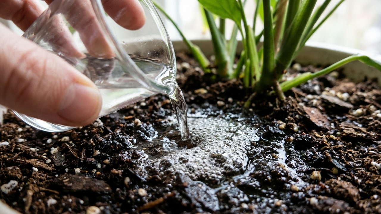 O líquido de farmácia que diluído na água da rega elimina larvas invisíveis no substrato e acaba com mosquitinhos pretos dos vasos