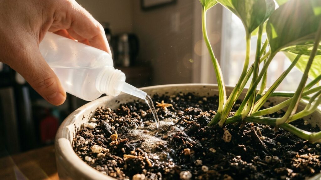 O líquido de farmácia que diluído na água da rega elimina larvas invisíveis no substrato e acaba com mosquitinhos pretos dos vasos