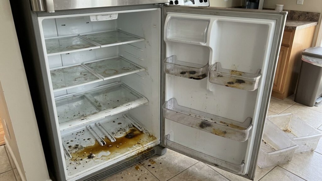Dono de casa encontra um cheiro forte ao abrir a geladeira depois de vários dias sem energia e descobre quais resíduos provocam odores persistentes e quais procedimentos de limpeza ajudam a higienizar o interior antes de voltar a guardar alimentos